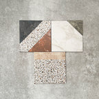 Turin Terrazzo Blanco Decor Patchwork porcelain tiles in a 20 × 20cm format, arranged in a geometric patchwork pattern combining terrazzo textures with marble-effect sections in soft neutral and earthy tones for a bold, contemporary statement.