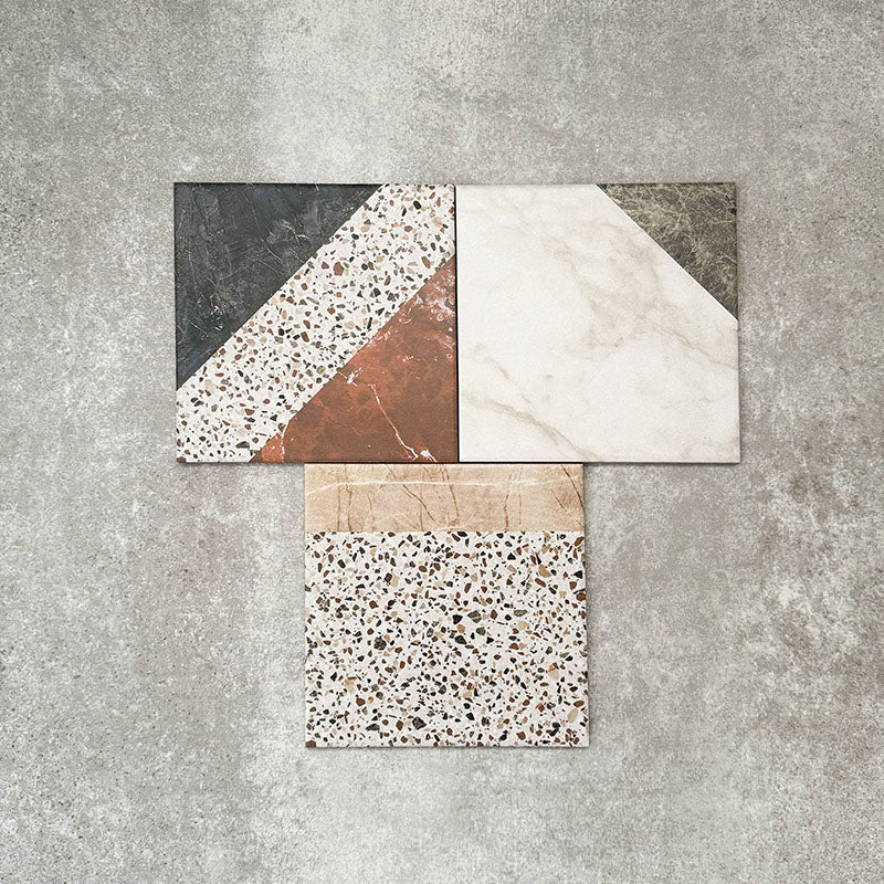 Turin Terrazzo Blanco Decor Patchwork porcelain tiles in a 20 × 20cm format, arranged in a geometric patchwork pattern combining terrazzo textures with marble-effect sections in soft neutral and earthy tones for a bold, contemporary statement.
