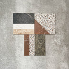 Turin Terrazzo Blanco Decor Patchwork porcelain tiles in a 20 × 20cm format, arranged in a geometric patchwork pattern combining terrazzo textures with marble-effect sections in soft neutral and earthy tones for a bold, contemporary statement.