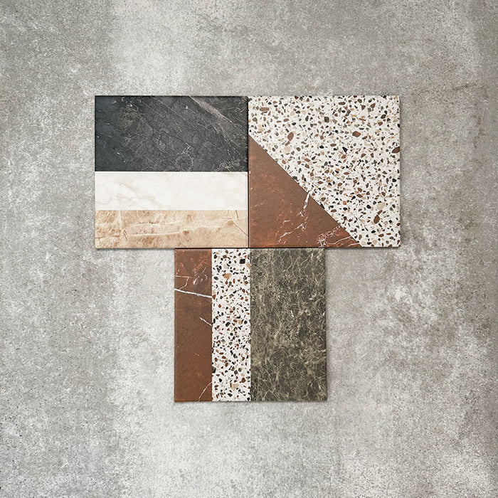 Turin Terrazzo Blanco Decor Patchwork porcelain tiles in a 20 × 20cm format, arranged in a geometric patchwork pattern combining terrazzo textures with marble-effect sections in soft neutral and earthy tones for a bold, contemporary statement.