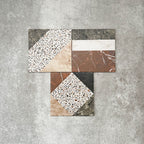 Turin Terrazzo Blanco Decor Patchwork porcelain tiles in a 20 × 20cm format, arranged in a geometric patchwork pattern combining terrazzo textures with marble-effect sections in soft neutral and earthy tones for a bold, contemporary statement.