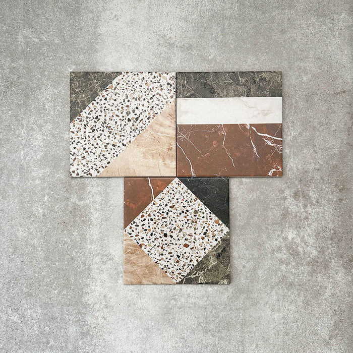 Turin Terrazzo Blanco Decor Patchwork porcelain tiles in a 20 × 20cm format, arranged in a geometric patchwork pattern combining terrazzo textures with marble-effect sections in soft neutral and earthy tones for a bold, contemporary statement.
