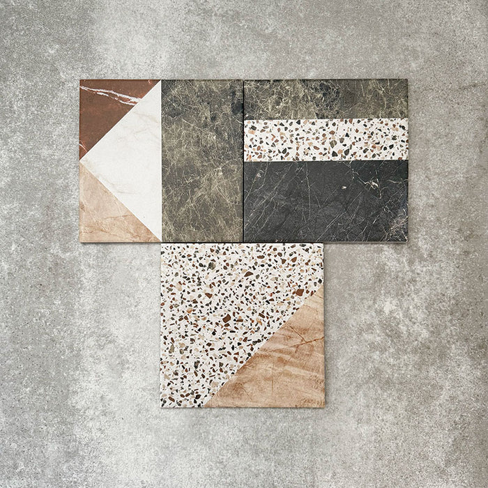 Turin Terrazzo Blanco Decor Patchwork porcelain tiles in a 20 × 20cm format, arranged in a geometric patchwork pattern combining terrazzo textures with marble-effect sections in soft neutral and earthy tones for a bold, contemporary statement.