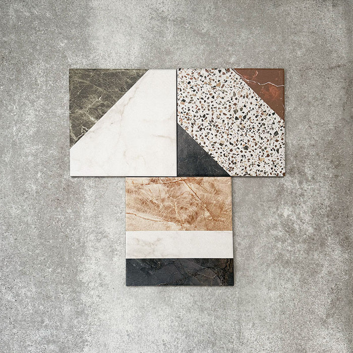 Turin Terrazzo Blanco Decor Patchwork porcelain tiles in a 20 × 20cm format, arranged in a geometric patchwork pattern combining terrazzo textures with marble-effect sections in soft neutral and earthy tones for a bold, contemporary statement.