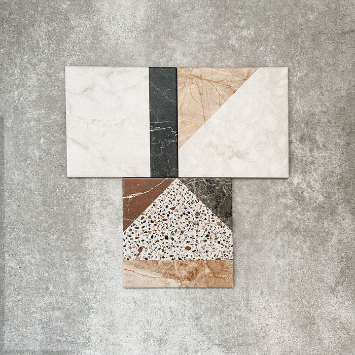 Turin Terrazzo Blanco Decor Patchwork porcelain tiles in a 20 × 20cm format, arranged in a geometric patchwork pattern combining terrazzo textures with marble-effect sections in soft neutral and earthy tones for a bold, contemporary statement.