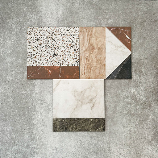 Turin Terrazzo Blanco Decor Patchwork porcelain tiles in a 20 × 20cm format, arranged in a geometric patchwork pattern combining terrazzo textures with marble-effect sections in soft neutral and earthy tones for a bold, contemporary statement.