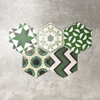 Fayrouz Verde Hexagon Patchwork Moroccan-style porcelain tiles in an 18.7 × 21.6cm hexagon format, showcasing a coordinated mix of geometric, starburst and zigzag patterns in layered green, sage, mint and charcoal tones, arranged as a decorative patchwork group to highlight colour variation and pattern diversity.