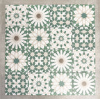 Souk Green B 20×20cm Moroccan-style porcelain patchwork tiles featuring mixed green, white and beige geometric patterns.