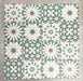 Souk Green B 20×20cm Moroccan-style porcelain patchwork tiles featuring mixed green, white and beige geometric patterns.
