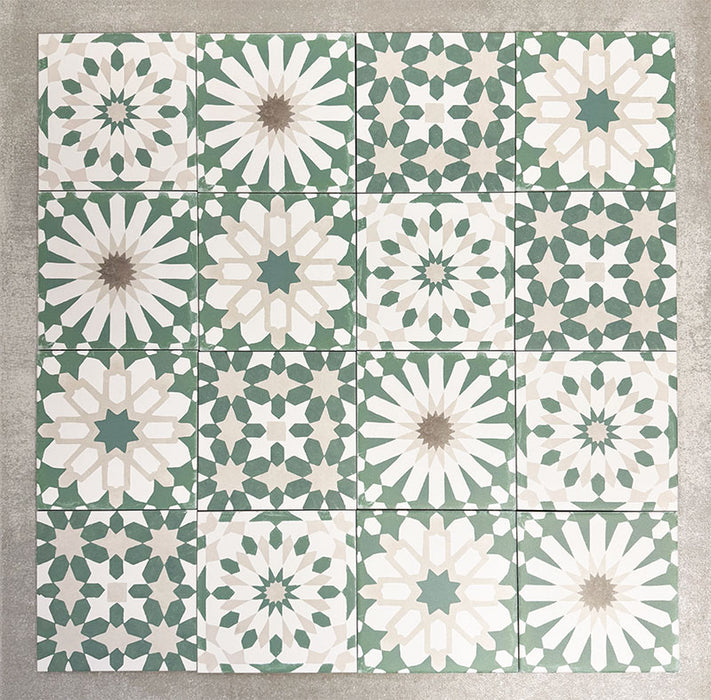 Souk Green C 20×20cm Moroccan-style porcelain patchwork tiles featuring mixed green, white and beige geometric patterns.