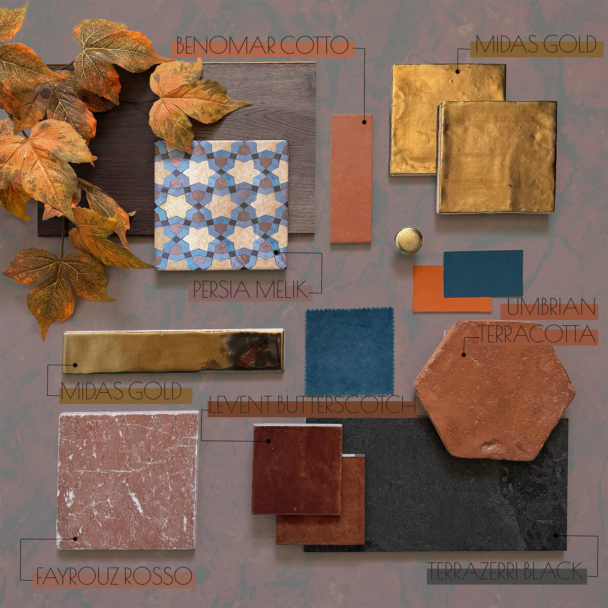 Autumn-inspired moodboard featuring Persia Melik Mini 15x15cm Moroccan style patterned tiles, paired with warm terracotta, antique gold, rich burgundy, natural marble, deep blue accents and textured finishes.