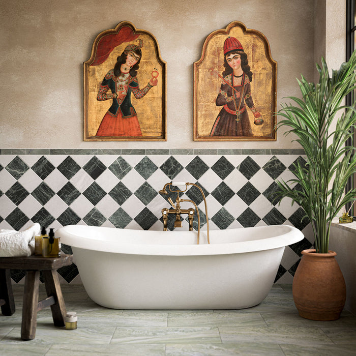 Bathroom featuring Petra Verde Green marble effect porcelain tiles in a deep green stone design, paired with Fayrouz White and Fayrouz Verde natural marble tiles in a classic diamond feature wall, creating a timeless space with brass fixtures and Mediterranean-inspired décor.