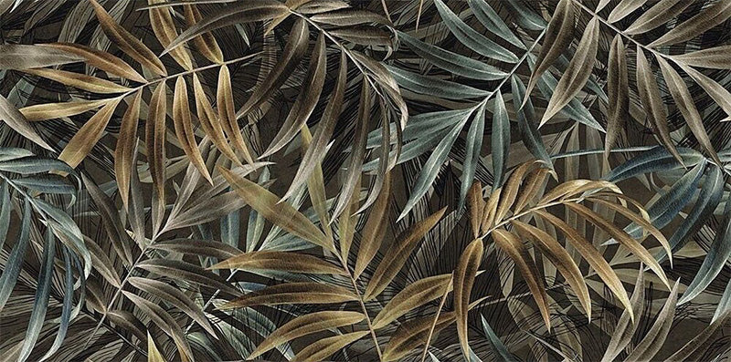 Close-up of Plant Life Dark Decor 60x120cm botanical-style wall tiles, featuring an oversized tropical leaf design in deep green, bronze and earthy neutral tones with a realistic, nature-inspired decorative finish.