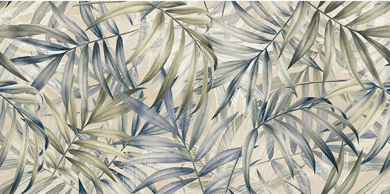 Close-up of Plant Life Light Decor 60x120cm botanical-style wall tiles, featuring an oversized tropical leaf design in soft green, blue and beige tones with a delicate, nature-inspired decorative finish.
