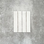 Product display of Pottery Brick Blanco 5x25cm glossy wall tiles in soft white tones, featuring handcrafted edges and subtle surface variation against a textured concrete-style backdrop.