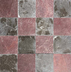 Chequerboard layout featuring Fayrouz Burgundy Red 15.2x15.2cm natural marble tiles with a tumbled finish, paired with dark grey marble tiles, creating a bold, tonal grid with rich variation and textured surface detail.