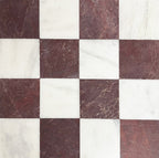 Chequerboard layout featuring Fayrouz Burgundy Red 15.2x15.2cm natural marble tiles with a tumbled finish, paired with white marble tiles, creating a classic high-contrast grid with natural veining and tonal variation.