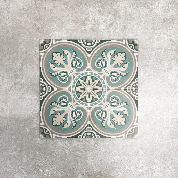 Four London Streets Regent Street 20x20cm Victorian Moroccan style porcelain tiles arranged together to showcase the repeating green, sage and cream floral geometric pattern inspired by traditional Victorian style decorative floor tiles.