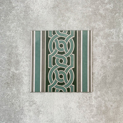 London Streets Regent Street Side/Border 20x20cm Victorian Moroccan style porcelain tile featuring an interlocking geometric border design in sage green, deep green and soft grey tones, created to frame Regent Street patterned tiles in traditional Victorian-style floor layouts.