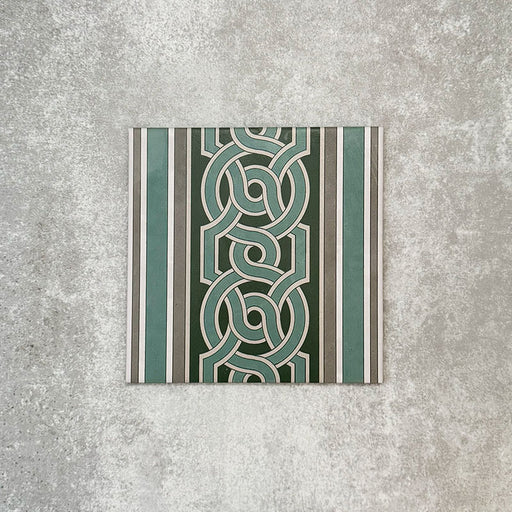 London Streets Regent Street Side/Border 20x20cm Victorian Moroccan style porcelain tile featuring an interlocking geometric border design in sage green, deep green and soft grey tones, created to frame Regent Street patterned tiles in traditional Victorian-style floor layouts.