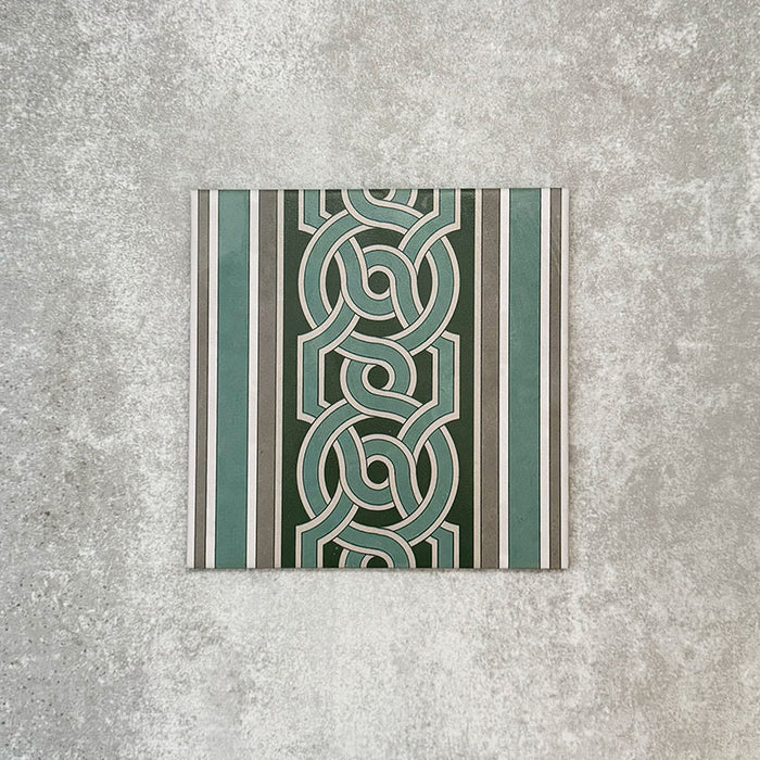 London Streets Regent Street Side/Border 20x20cm Victorian Moroccan style porcelain tile featuring an interlocking geometric border design in sage green, deep green and soft grey tones, created to frame Regent Street patterned tiles in traditional Victorian-style floor layouts.