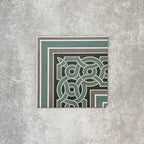 Single London Streets Regent Street Corner 20x20cm Victorian Moroccan style porcelain tile displayed in a product setting, featuring a decorative border corner design in green, sage and cream tones inspired by traditional Victorian entrance hall tile layouts.