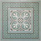 Decorative layout featuring London Streets Regent Street 20x20cm Victorian Moroccan style porcelain tiles arranged with matching border tiles, showcasing an intricate green, sage and cream patterned floor inspired by traditional Victorian entrance hall designs.