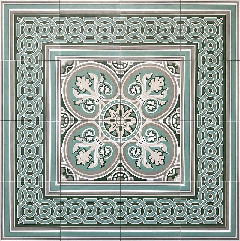 Decorative layout featuring London Streets Regent Street Corner 20x20cm Victorian Moroccan style porcelain tiles used with the Regent Street patterned tiles to create a framed floor design in green, sage and cream tones inspired by traditional Victorian entrance hall layouts.