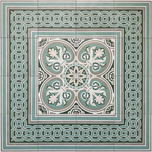 Decorative layout featuring London Streets Regent Street Side/Border 20x20cm Victorian Moroccan style porcelain tiles used with the Regent Street patterned tiles to create a framed floor design in green, sage and cream tones inspired by traditional Victorian entrance hall layouts.