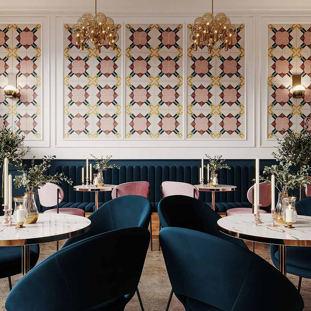 Restaurant interior featuring Abstract Contori Patterned Tiles in a 20x20cm format, installed as decorative wall panels. The elegant geometric pattern combines soft blush pink, warm neutrals and muted green accents, paired with velvet seating, marble tables and brass lighting to create a refined, contemporary dining space.
