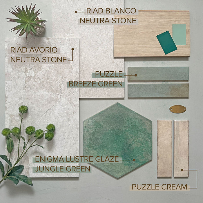 Moodboard featuring Riad Avorio Neutra Stone stone-effect wall and floor tiles, styled with sage green and cream tiles, natural wood finishes, brass accents and complementary materials for a calm contemporary interior.