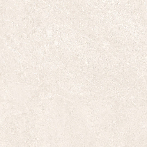 Close-up of Riad Blanco Neutra Stone 60x60cm stone-effect wall and floor tile, featuring soft cream and ivory tones with delicate natural stone-inspired veining and a subtle, elegant textured finish.