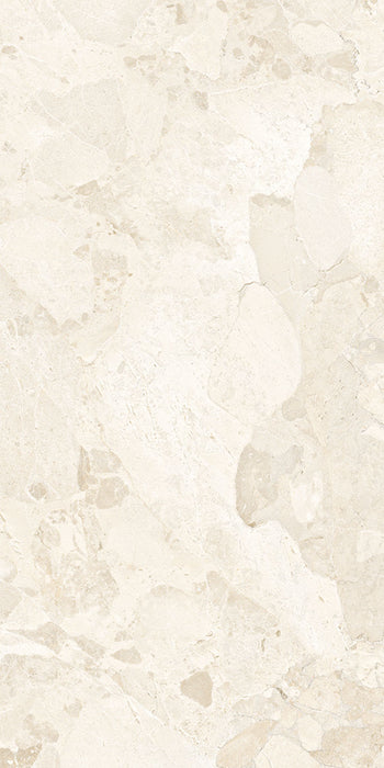 Close-up of Riad Blanco Sassi Terrazzo Stone 60x120cm stone-effect wall and floor tile, featuring soft cream and beige tones with natural stone-inspired veining, subtle texture and an elegant, timeless finish.