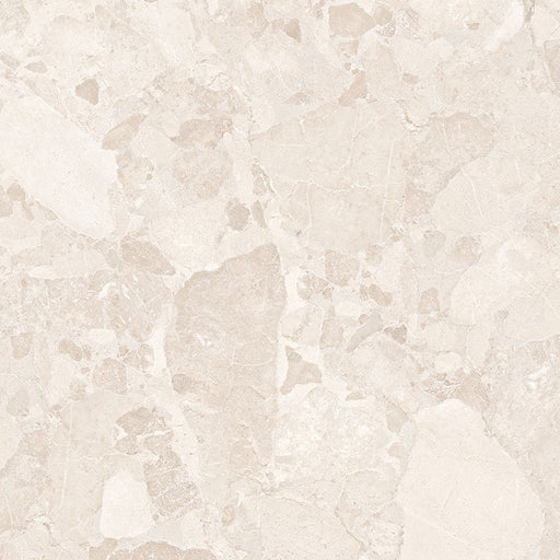 Close-up of Riad Blanco Sassi Terrazzo Stone 60x60cm stone-effect wall and floor tile, featuring soft cream and beige tones with natural stone-inspired veining, subtle texture and an elegant, timeless finish.