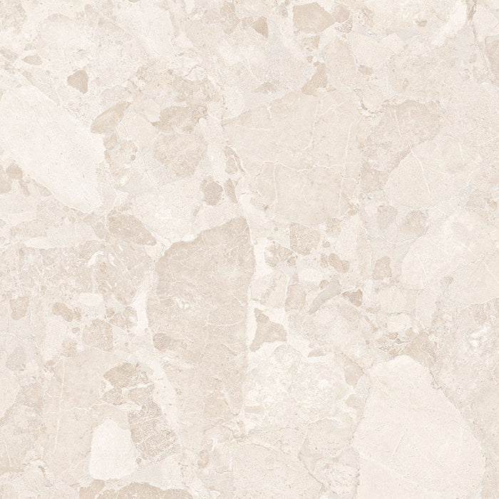 Close-up of Riad Blanco Sassi Terrazzo Stone 60x60cm stone-effect wall and floor tile, featuring soft cream and beige tones with natural stone-inspired veining, subtle texture and an elegant, timeless finish.