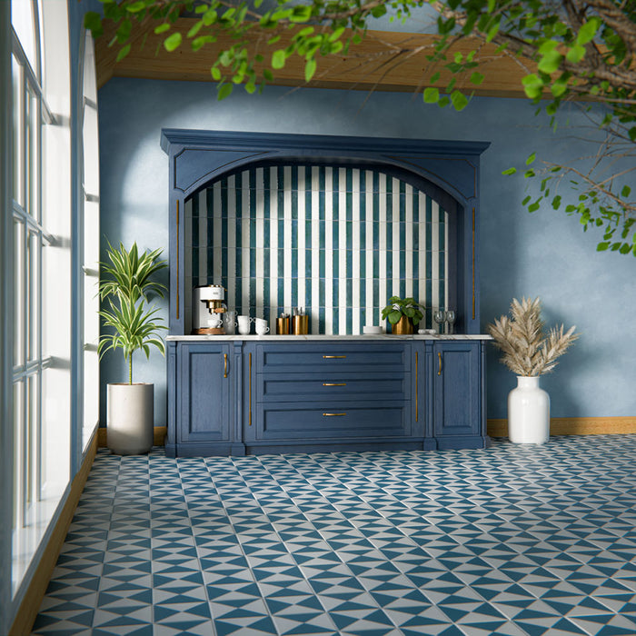 Interior setting featuring Harlequin Quarter Navy Blue 20x20cm tiles, installed as a geometric floor pattern, showcasing deep navy and soft white tones that create a striking, rhythmic design, styled with classic blue cabinetry, brass accents, and natural textures for a bold yet balanced space.