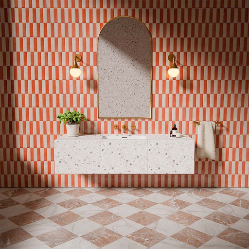 Vitoria Classic Bianco marble style chequerboard tiles in 30x30cm format used on bathroom floors, featuring white and warm marble effect squares laid in a timeless checkerboard pattern for a bold, classic statement interior.