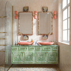 Bathroom featuring Benomar Canvas Moroccan Mini Brick 5x15cm gloss wall tiles, installed in a vertical layout, showcasing soft neutral tones, paired with statement brass fittings, textured vanity details, and a warm, design-led interior setting.