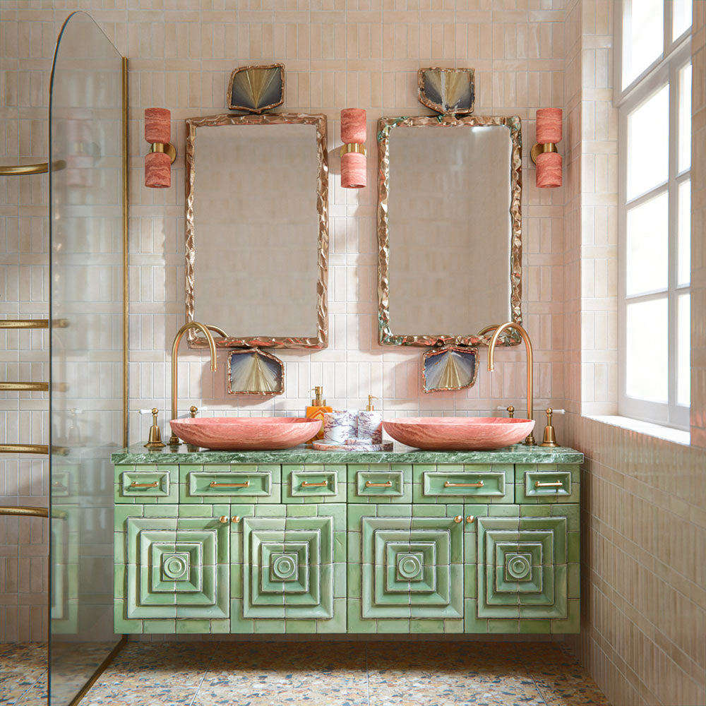 Bathroom featuring Benomar Canvas Moroccan Mini Brick 5x15cm gloss wall tiles, installed in a vertical layout, showcasing soft neutral tones, paired with statement brass fittings, textured vanity details, and a warm, design-led interior setting.