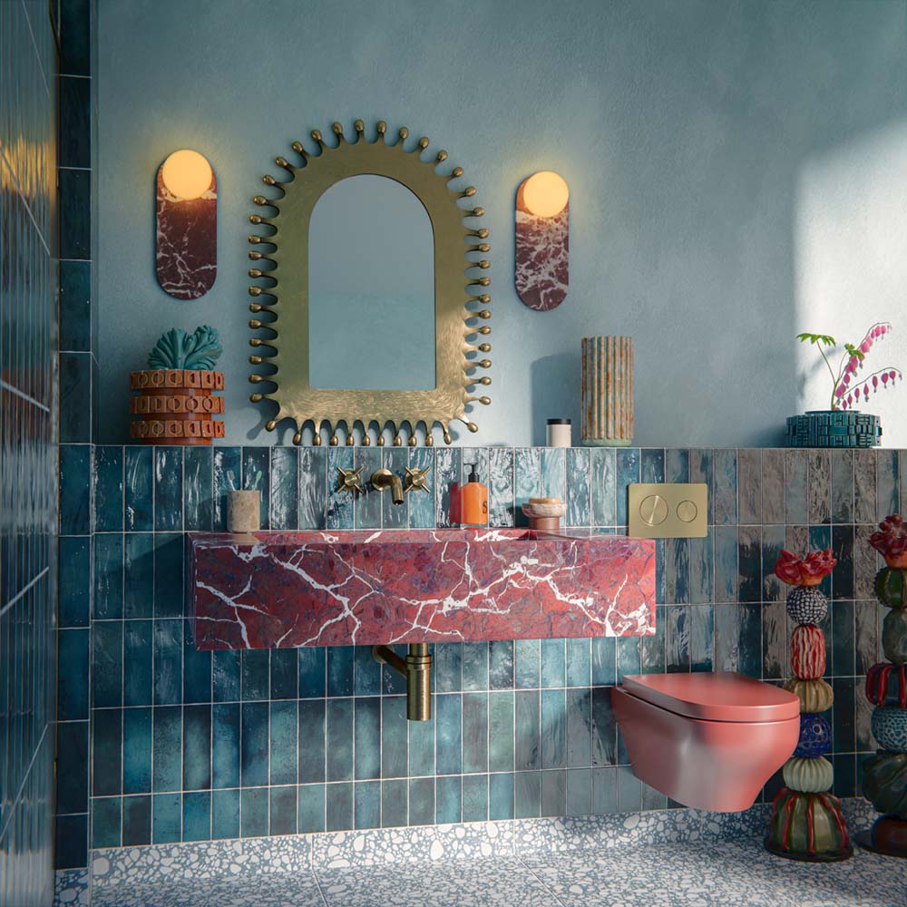 Bathroom setting featuring Foundry Bricks Marine Blue 6.5x20cm wall tiles, showcasing rich blue tones with subtle tonal variation, installed in a vertical layout across the walls, paired with terrazzo effect floor tiles, a statement red marble basin and brass fittings for a bold, design-led contrast.