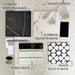 Moodboard featuring Shards Blanco 3D Terrazzo 60x120cm porcelain tiles, paired with Florence Marquina Black and Calcatta White marble effect tiles, Levent gloss brick tiles, Agadir Black & White patterned tiles, black fabric, brass accents and dried botanicals.