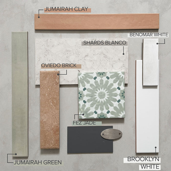 Moodboard featuring a curated mix of wall and floor tiles including Fez Jade Moroccan-style patterned tiles, Jumairah Green and Clay, Benomar White, Brooklyn White and Shards Blanco terrazzo effect tiles, showcasing soft greens, warm neutrals and varied textures.