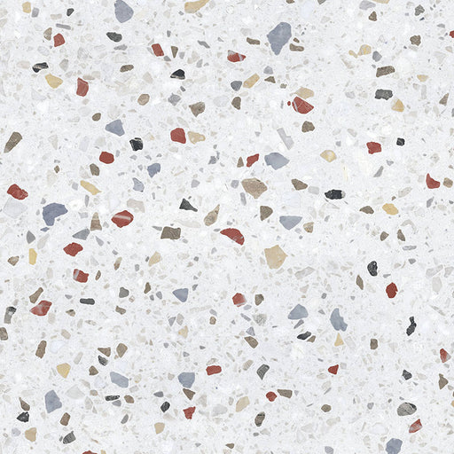Close-up of Gelato Colours 66x66cm terrazzo-style porcelain tile, featuring a light neutral base with evenly scattered multicoloured terrazzo flecks for a soft, contemporary finish.