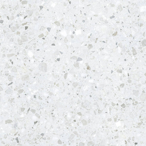 Close-up of Gelato White 66x66cm terrazzo-style porcelain tile, featuring a soft white base with delicate, tonal terrazzo flecks for a clean, subtle and contemporary finish.