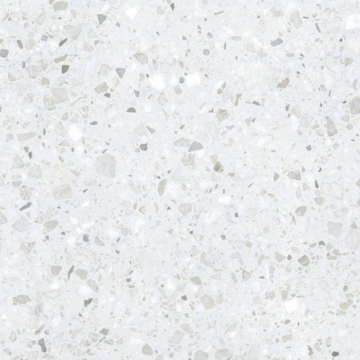 Close-up of Gelato White 66x66cm terrazzo-style porcelain tile, featuring a soft white base with delicate, tonal terrazzo flecks for a clean, subtle and contemporary finish.