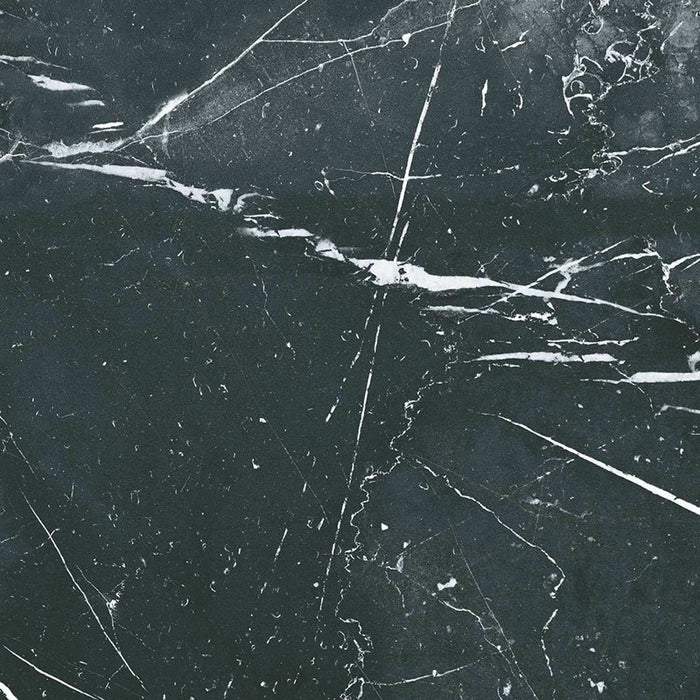 Close-up of Florence Grand Marquina Black 50x50cm marble-effect porcelain tile, showcasing a deep black base with bold white veining and a realistic, high-impact marble-look finish.