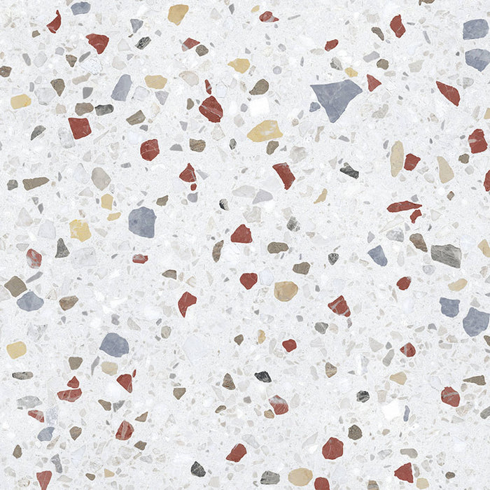 Close-up of Gelato Colours 66x66cm terrazzo-style porcelain tile, featuring a light neutral base with evenly scattered multicoloured terrazzo flecks for a soft, contemporary finish.