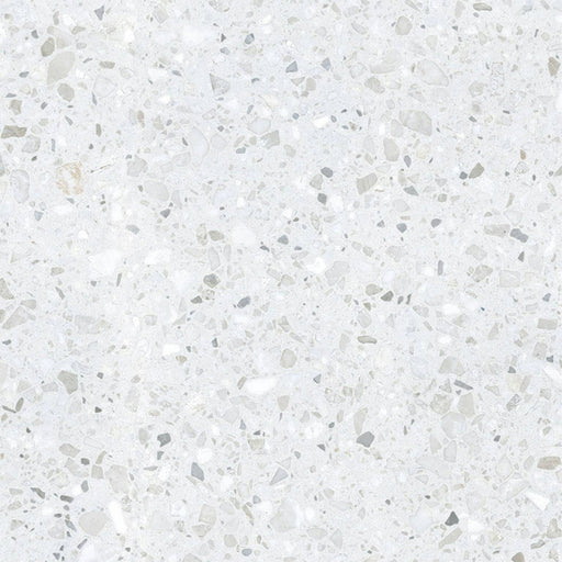 Close-up of Gelato White 66x66cm terrazzo-style porcelain tile, featuring a soft white base with delicate, tonal terrazzo flecks for a clean, subtle and contemporary finish.