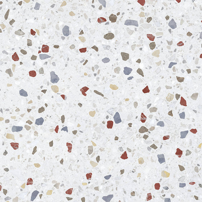 Close-up of Gelato Colours 66x66cm terrazzo-style porcelain tile, featuring a light neutral base with evenly scattered multicoloured terrazzo flecks for a soft, contemporary finish.