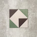 Single Abstract Angles Patterned Tile in a 20x20cm format, featuring a bold geometric design with angular shapes in muted green, deep charcoal and soft cream tones. A contemporary patterned tile ideal for feature walls, floors or statement splashbacks.